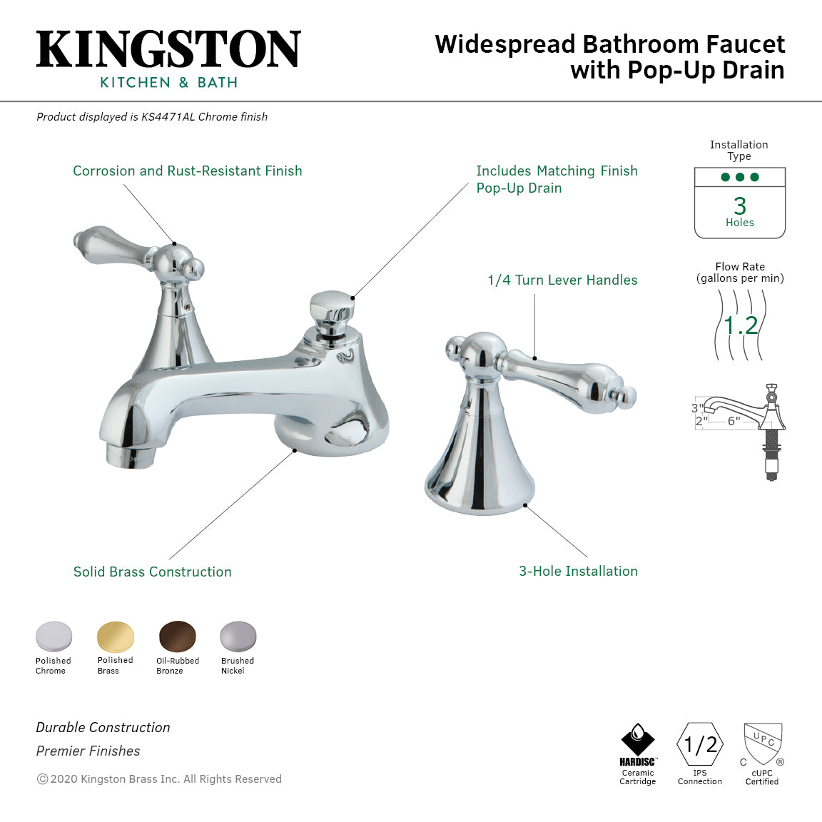 Kingston Tulare KS4478ALTwo-Handle 3-Hole Deck Mount Widespread Bathroom Faucet with Brass Pop-Up, Brushed Nickel — thumbnail 3